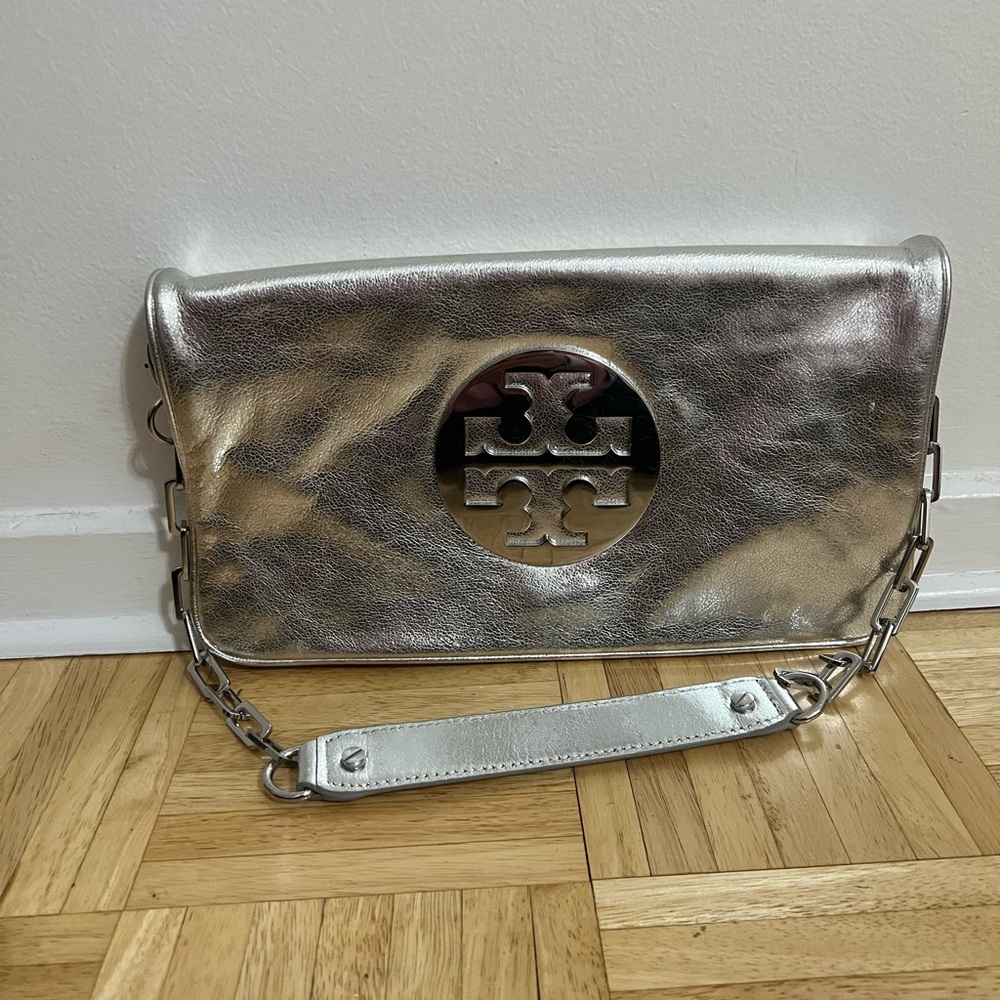 Tory Burch Silver Metallic Clutch with Logo